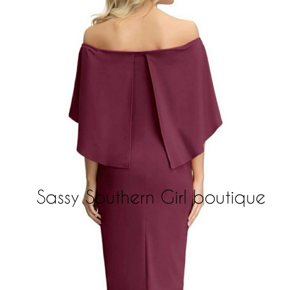 ⭐🆕Wine red off shoulder cape dress - Picture 3 of 7